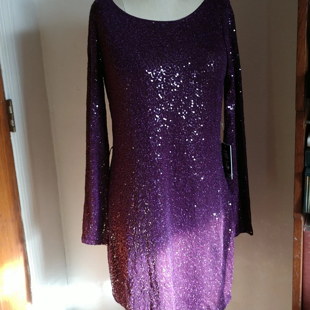 CHRISTMAS #18 NWT EXPRESS LS Glittery Grape Sequined Sheath Dress NWT - Picture 2 of 8